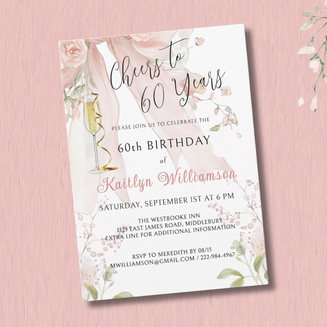 Invitation Elegants Acclamations pour 60 Ans Ruban Rose Flora (Créateur téléchargé)