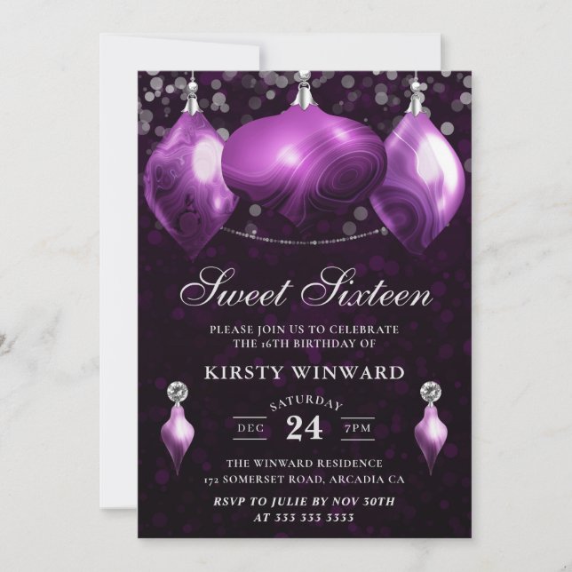 Invitation Élégants Agate Violet Noël Baubles Sweet 16 (Devant)