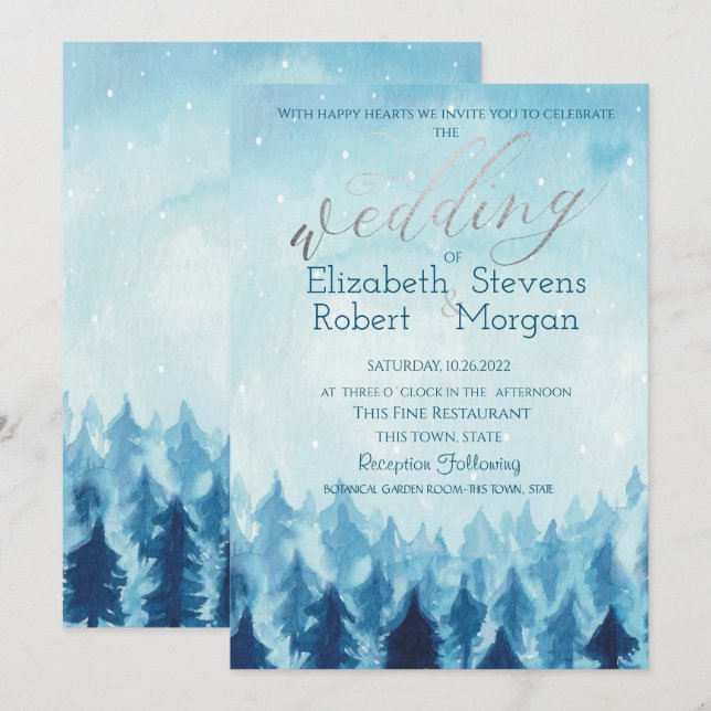 Invitation Élégants arbres de pin de forêt bleue de mariage s (Devant / Derrière)