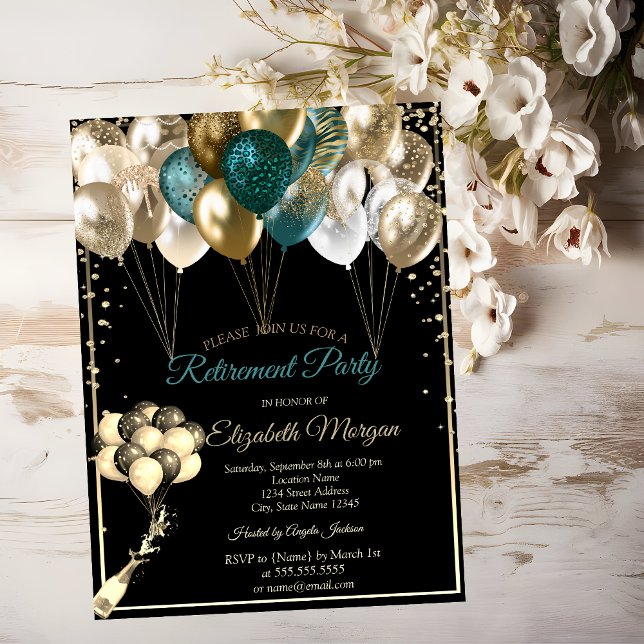 Invitation Élégants Ballons Diamants Noirs Retraite  (Créateur téléchargé)