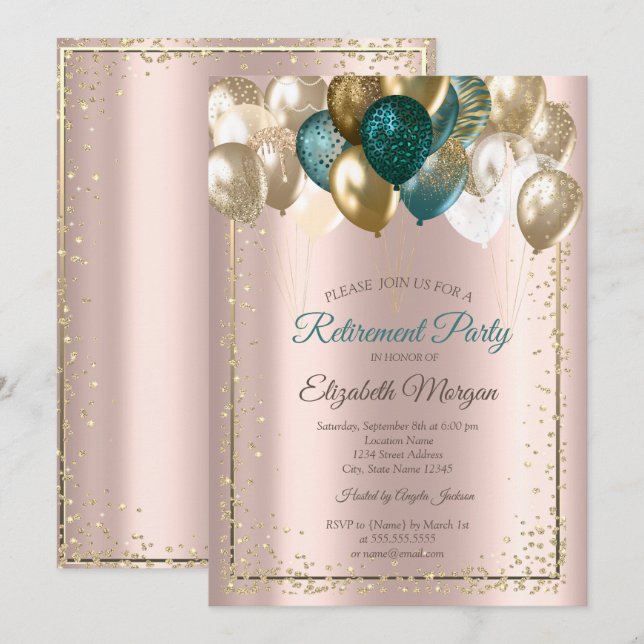 Invitation Élégants ballons diamants or rose retraite  (Devant / Derrière)