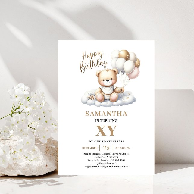 Invitation Élégants Ballons Dorés Ourson pour Anniversaire En (Elegant 10th Birthday Teddy Bear Gold Balloons)