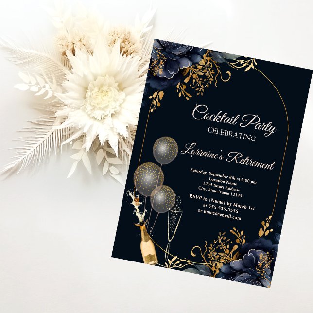 Invitation Élégants ballons fleurs bleu marine, retraite vin  (Créateur téléchargé)