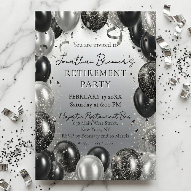 Invitation Élégants Ballons Noirs et Argent pour une Fête de  (Créateur téléchargé)
