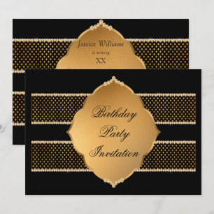 Invitation Élégants Bijoux Noir et Or Décorés Anniversaire
