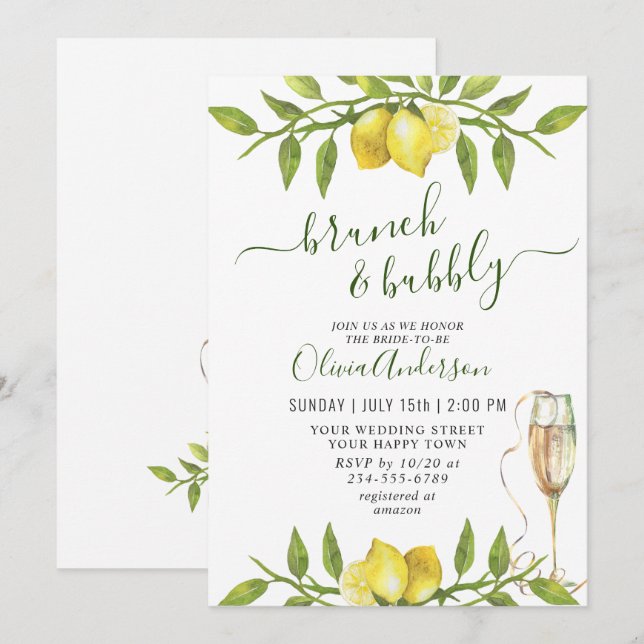Invitation Élégants Citrons Aquarelle Verdure BRUNCH & PÉTILL (Devant / Derrière)