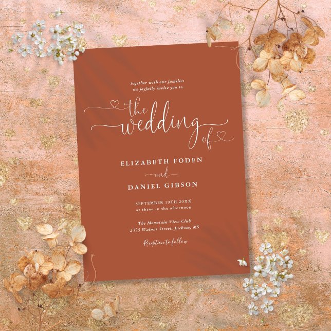 Invitation Élégants Cœurs en Terracotta Calligraphie Mariage (Elegant Terracotta Hearts Calligraphy Wedding Invitation)
