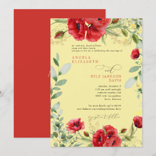 Invitation Élégants Coquelicots Rouges Colorés Jaunes Mariage