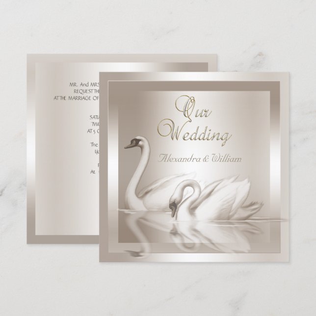 Invitation Élégants cygnes mariage damassé crème blanc (Devant / Derrière)