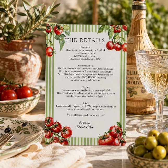 Invitation Élégants détails de tomates rouges et vertes pour  (Elegant Red and Green Italian Mediterranean wedding details invitation)