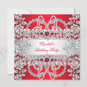 Invitation Élégants Diamants Rouges Fête d'Anniversaire Flora