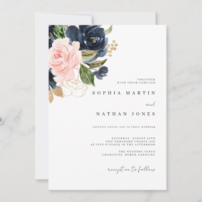 Invitation Élégants Floraux Aquarelle Rose Navy pour Mariage (Devant)