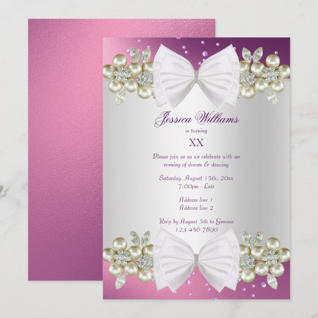Invitation Élégants Gems & Bow Lilac Anniversaire (Devant / Derrière)