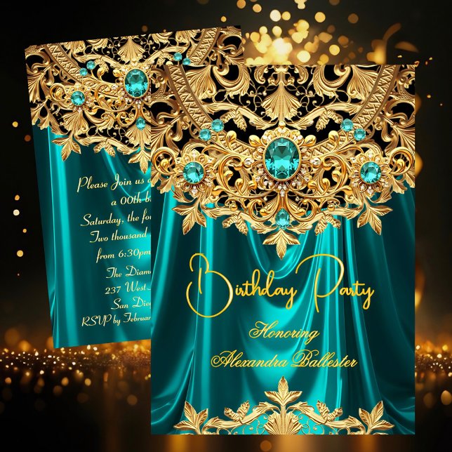 Invitation Élégants Gems Sarcelle Broderie Or Damassé Fête d' (Créateur téléchargé)