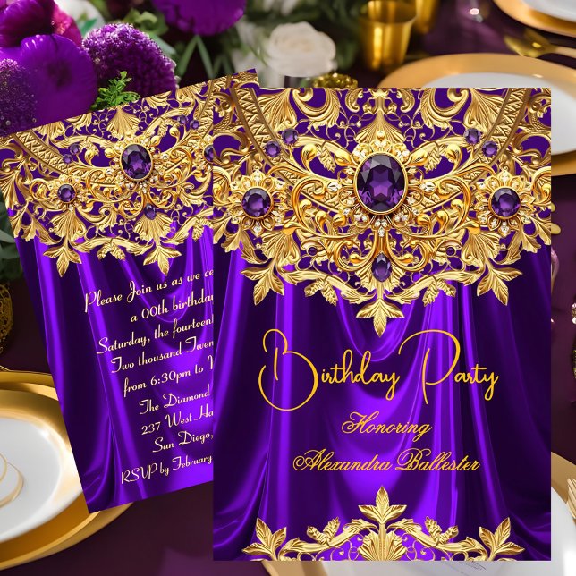 Invitation Élégants Gems Violets Broderie d'Or Damassé Annive (Créateur téléchargé)