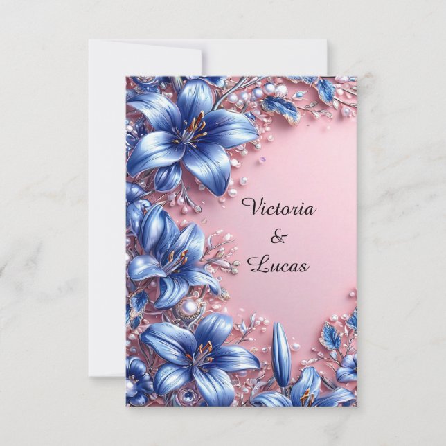 Invitation Élégants lys bleus perles floraux mariage luxe 💙 (Devant)