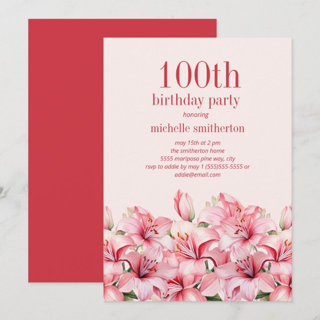 Invitation Élégants lys roses 100e anniversaire (Devant / Derrière)