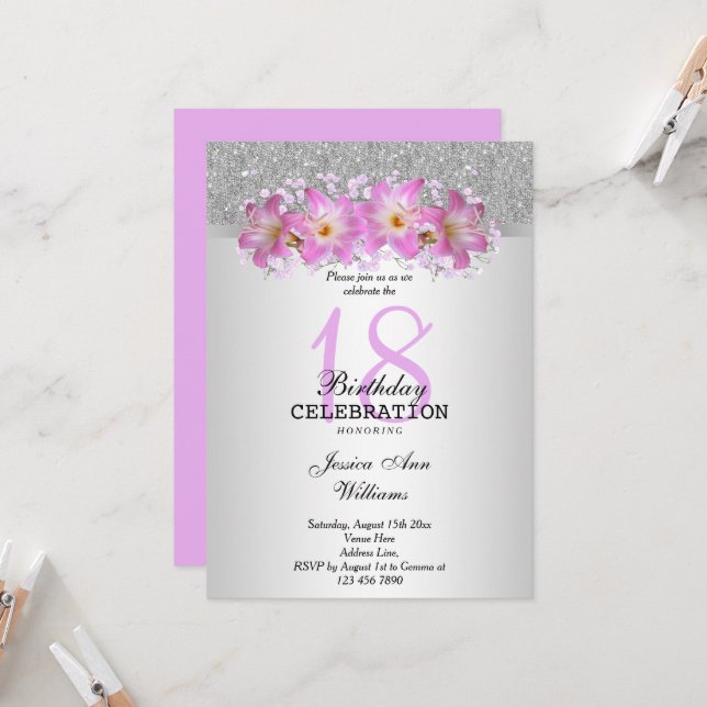 Invitation Élégants Lys Silver & Belladonna 18ème Anniversair (Devant/Arrière en situation)