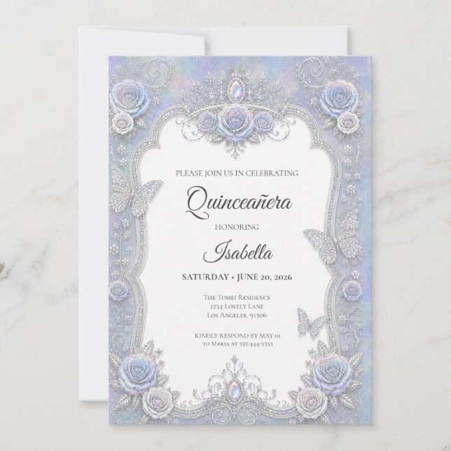 Invitation Élégants Papillons Irisés Quinceañera (Devant)