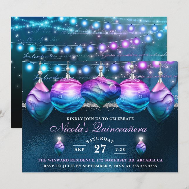 Invitation Élégants pendentifs de sirène bleus et violets pou (Devant / Derrière)