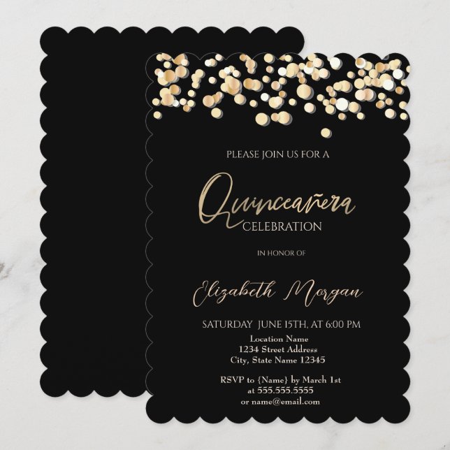 Invitation Elégants points, Confetti Black Quinceañera (Devant / Derrière)