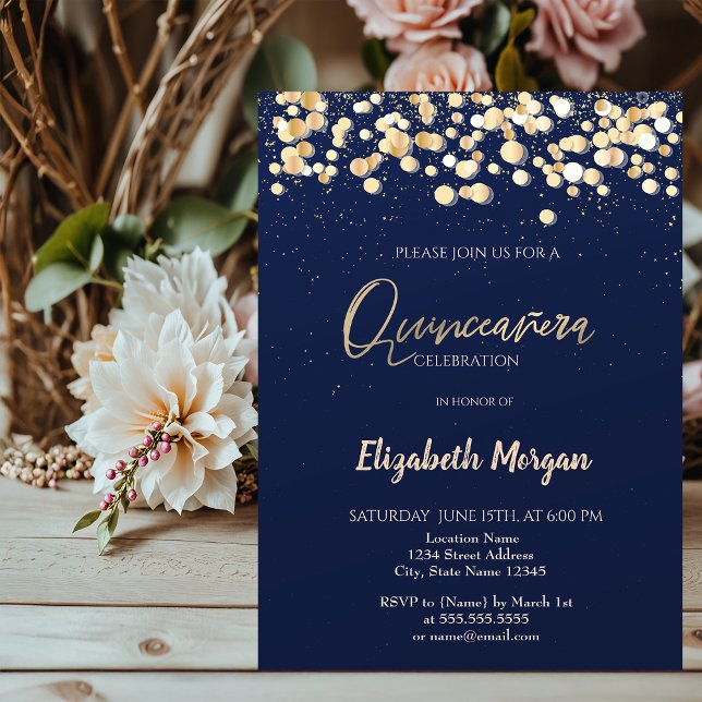 Invitation Élégants points de confettis, Quinceañera bleu mar (Créateur téléchargé)