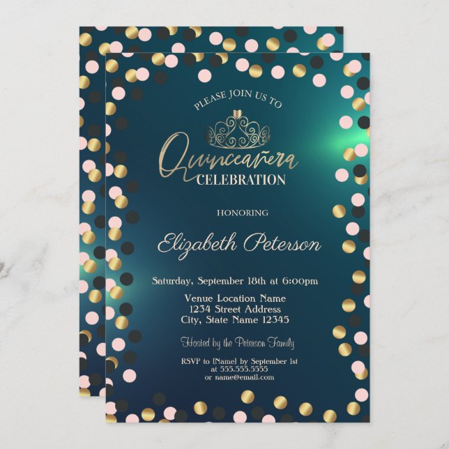 Invitation Elégants points d'or, Tiara Green Quinceañera (Devant / Derrière)
