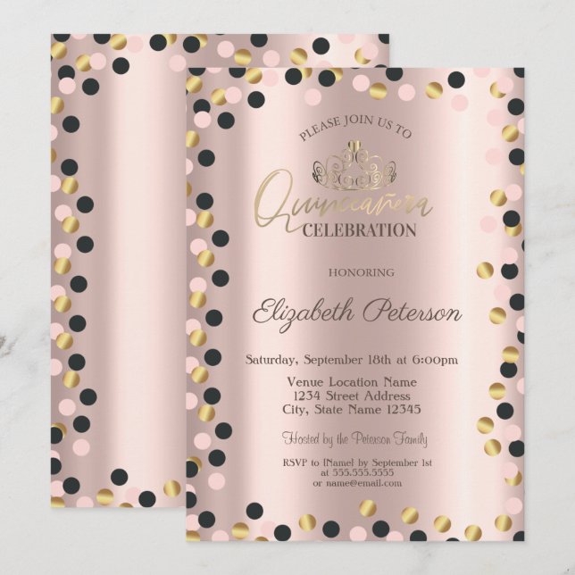 Invitation Élégants points dorés, Diadème,Invitation Quinceañ (Devant / Derrière)
