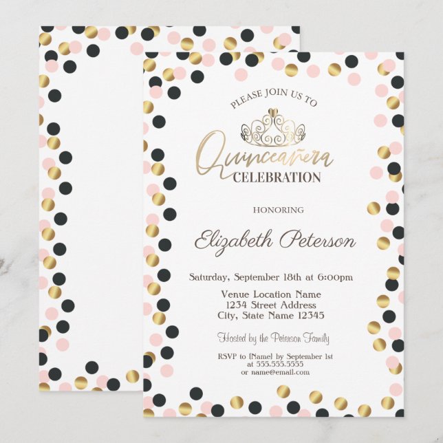 Invitation Élégants points dorés, Diadème, Quinceañera (Devant / Derrière)