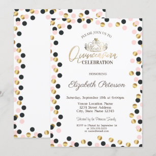 Invitation Élégants points dorés, Diadème, Quinceañera