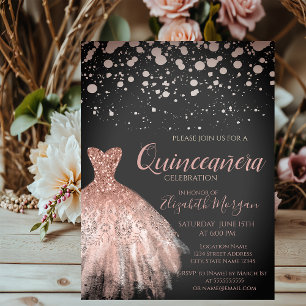 Invitation Élégants points dorés roses, Robe Quinceañera