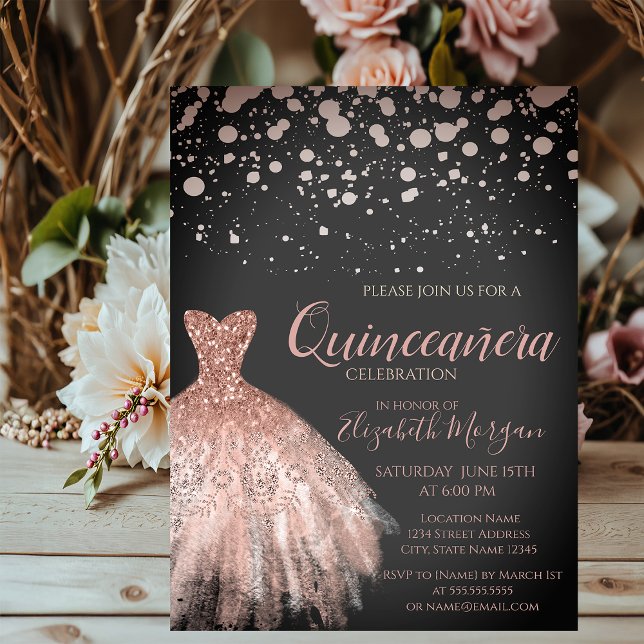 Invitation Élégants points dorés roses, Robe Quinceañera (Créateur téléchargé)