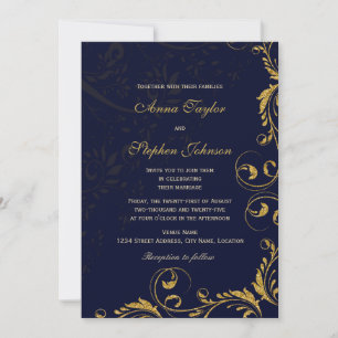 Invitation Élégants Tourbillons Floraux Pailletés Faux Or Ble
