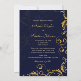 Invitation Élégants Tourbillons Floraux Pailletés Faux Or Ble