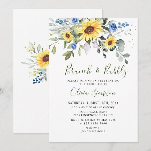 Invitation Élégants Tournesols Eucalyptus Brunch & Bubbly (Devant / Derrière)