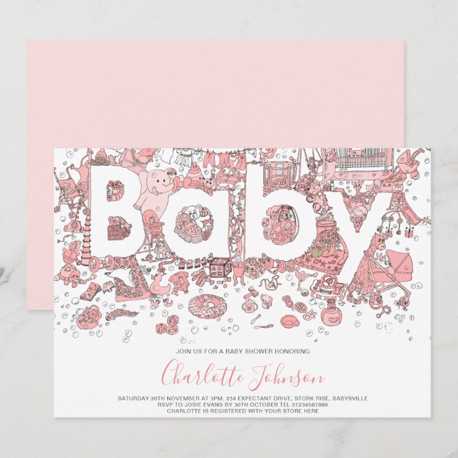 Invitation Élément Aquarelle Rose Baby Shower (Devant / Derrière)