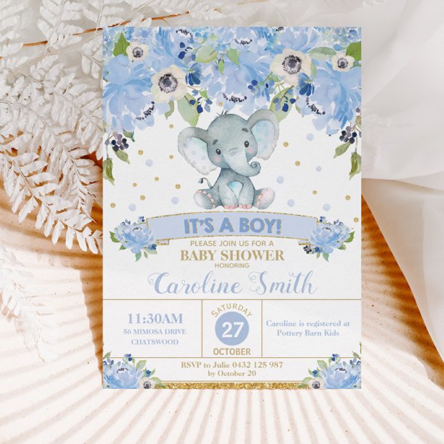 Invitation Élément Bleu Floral Baby Shower Bébé Garçon (Créateur téléchargé)