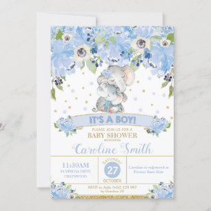 Invitation Élément Bleu Floral Baby Shower Garçon Maman et Bé