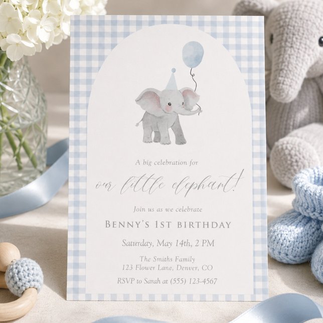 Invitation Élément bleu Gingham bleu Anniversaire Aquarelle (Créateur téléchargé)