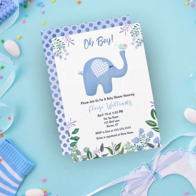 Invitation Élément de Baby Shower Éléphant Bébé avec Oiseau C (Créateur téléchargé)