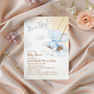 Invitation Élément de Baby Shower Garçon Éléphant Aquarelle B