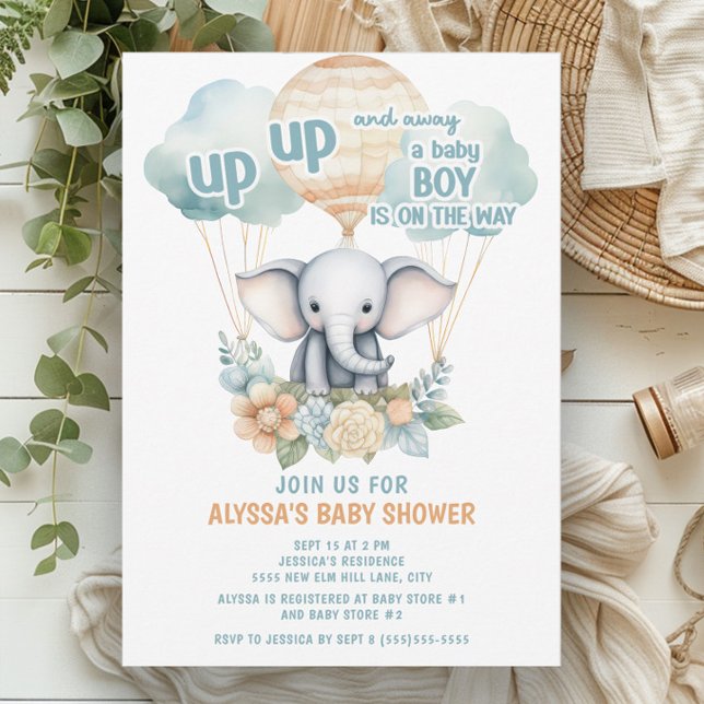 Invitation Élément de ballon à air chaud bleu éléphant Haut H (Up, up, and away. A baby boy is on his way. Elephant and hot air balloons baby shower invitation)
