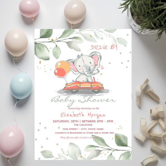 Invitation Élément de douche pour bébé éléphant en voiture fl (Créateur téléchargé)