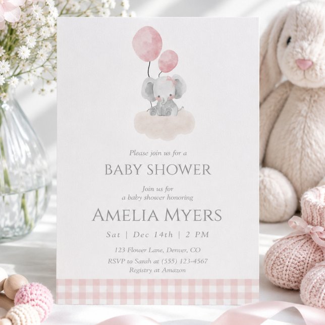 Invitation Élément de douche pour bébé éléphant Gingham rose  (Créateur téléchargé)
