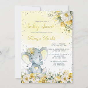 Invitation Élément de fête de naissance de bébé éléphant & fl