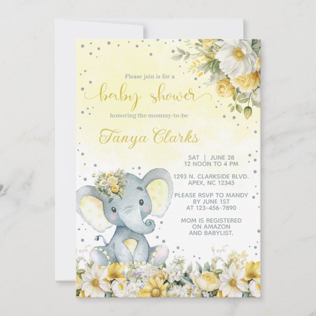 Invitation Élément de fête de naissance de bébé éléphant & fl (Devant)