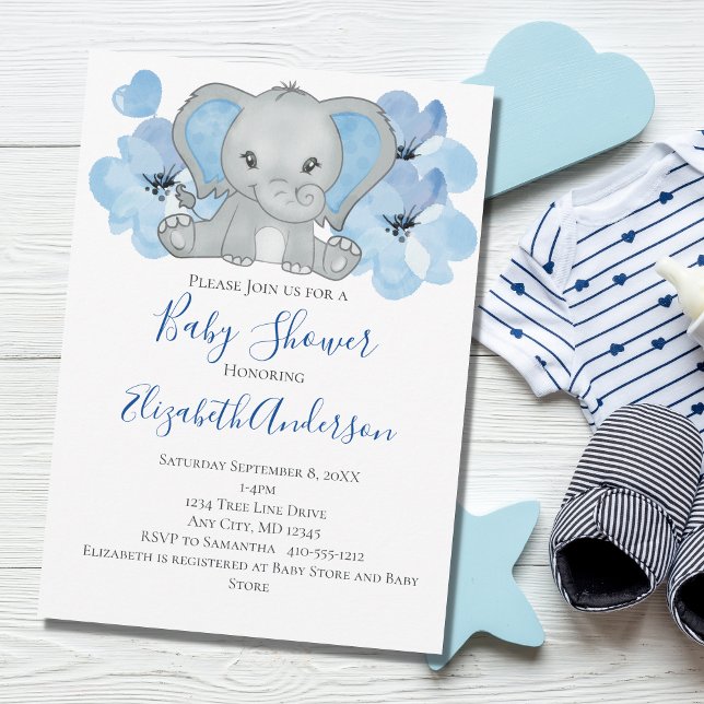 Invitation Élément de fête pour garçon bébé éléphant bleu bal (Créateur téléchargé)
