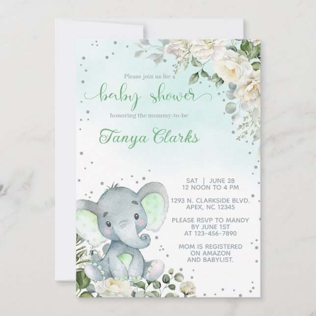Invitation Élément de fête prénatale pour fille avec éléphant (Devant)