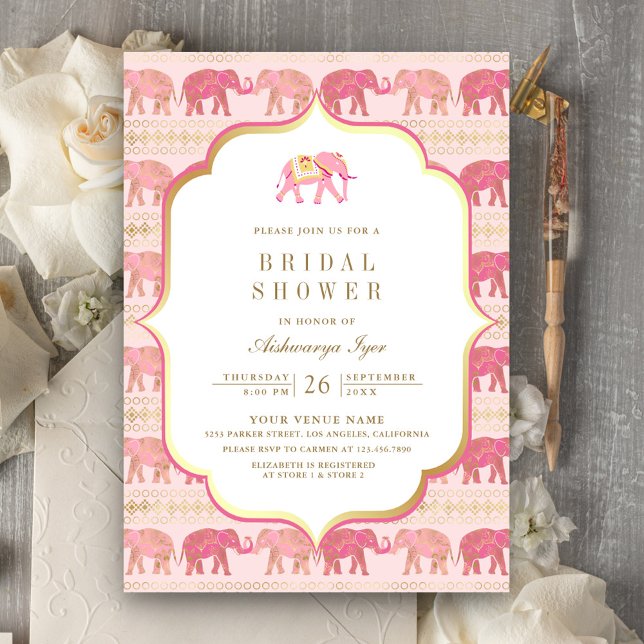 Invitation Élément de mariage indien éléphant rose et or (Créateur téléchargé)
