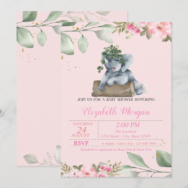 Invitation Élément éléphant mignon, départ, Baby Shower flora (Devant / Derrière)